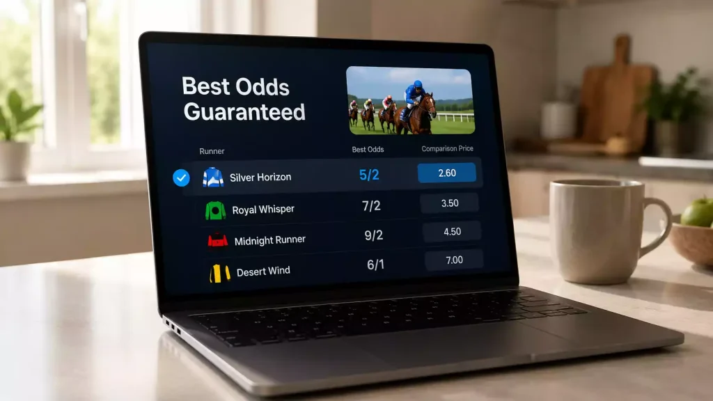 Bookmaker screen displaying Best Odds Guaranteed price comparison on a UK horse race