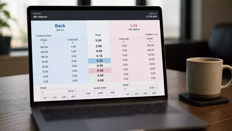 Betting exchange market screen displaying back and lay prices on a UK horse race