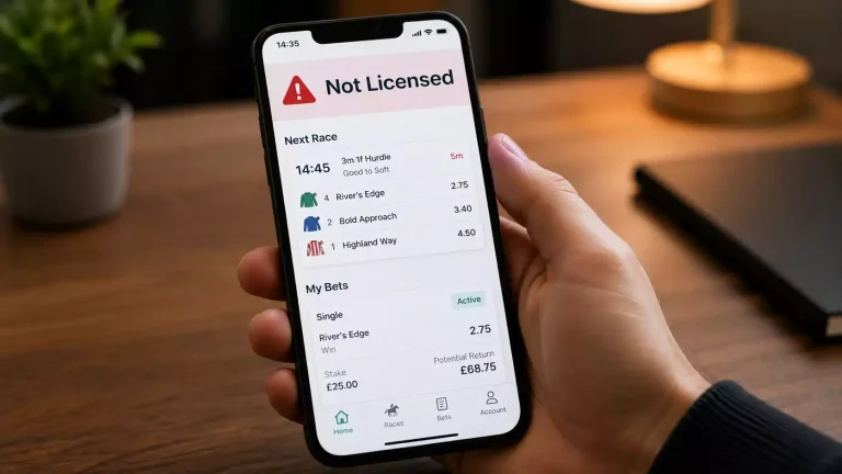 Smartphone showing an unlicensed offshore betting site with warning indicators around the screen