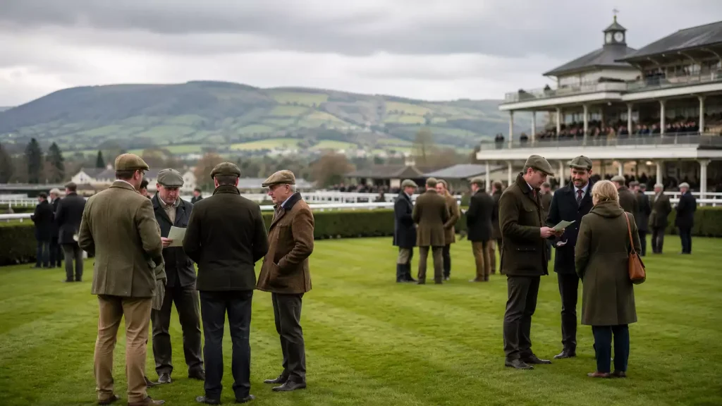 Punters studying form cards at the Cheltenham Festival Prestbury Park enclosure