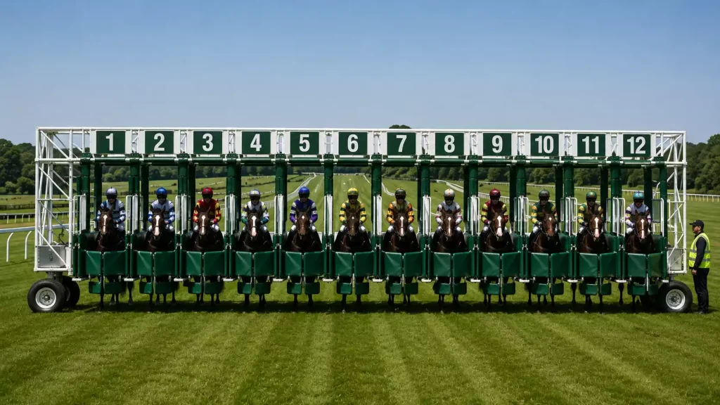 Starting stalls at a UK Flat racecourse showing numbered positions from low to high draws