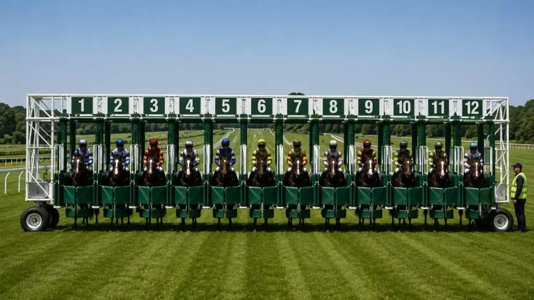 Starting stalls at a UK Flat racecourse showing numbered positions from low to high draws