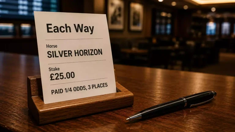 Betting slip showing an each-way wager on a British horse race