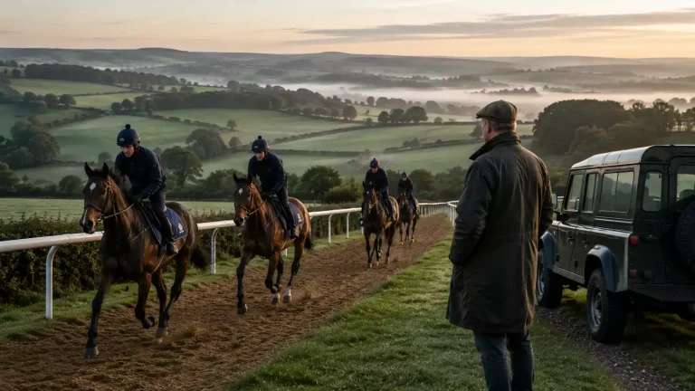 UK rural training yard with horses on the gallops and stable staff at work in the early morning