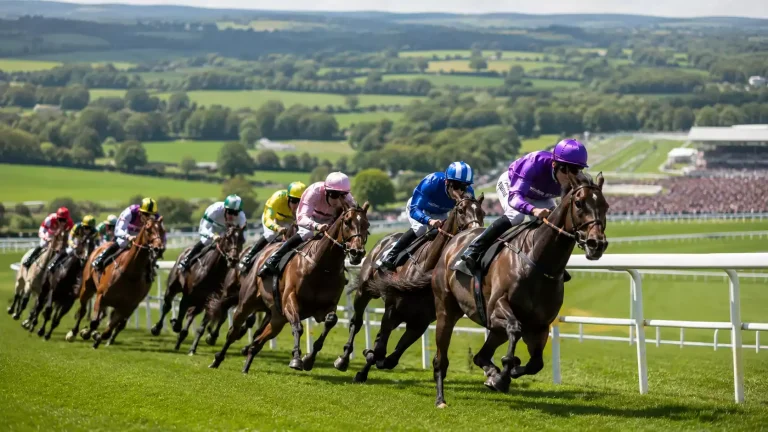 Field of three-year-olds rounding Tattenham Corner during the Epsom Derby