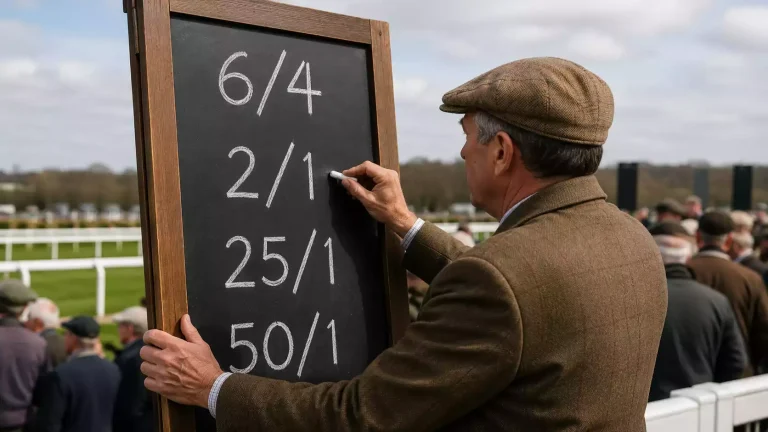 Bookmaker odds board at a UK racecourse showing short-priced favourites alongside long-priced outsiders