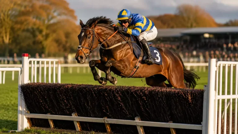 A National Hunt chaser jumping a steeplechase fence on a British turf course