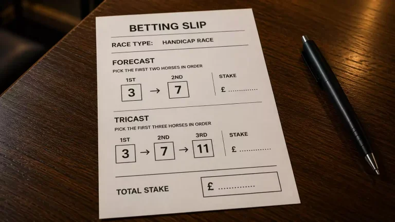 Bet slip showing a straight forecast and tricast pair on a UK handicap race