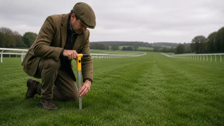 Clerk of the course inspecting the turf with a GoingStick at a British racecourse