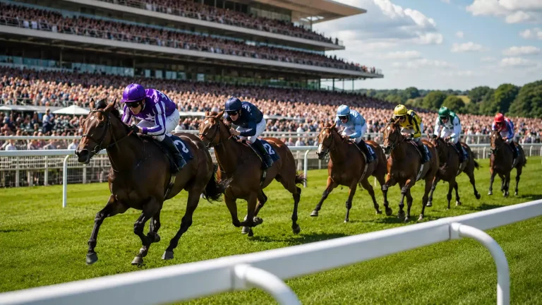 Field of thoroughbreds racing in a Group race at Royal Ascot in front of packed grandstands