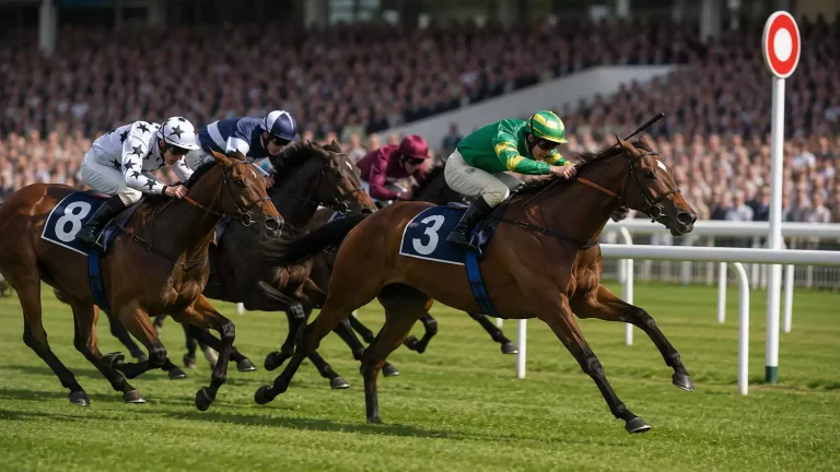 UK handicap race with horses carrying different weights crossing the finish line