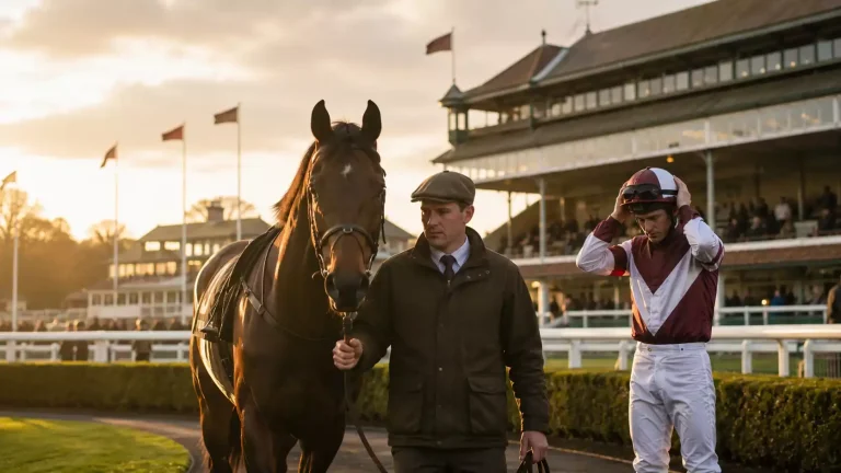 A British racecourse on a Premier fixture day with the parade ring in the foreground