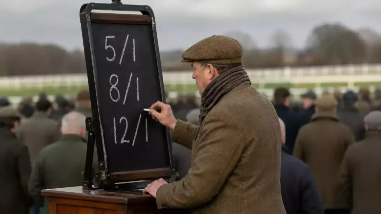 An on-course bookmaker writing fractional prices on a chalk board at a British racecourse