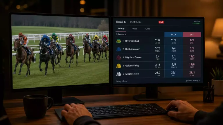 Live racing feed on a punter's screen with in-running prices updating and a horse race in progress