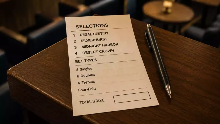 Lucky 15 multiple bet slip showing 15 separate lines across four UK horse races