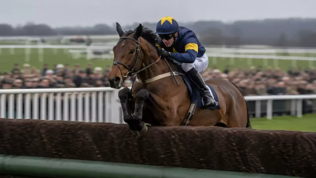 A National Hunt racehorse and jockey clearing a steeplechase fence at a British racecourse