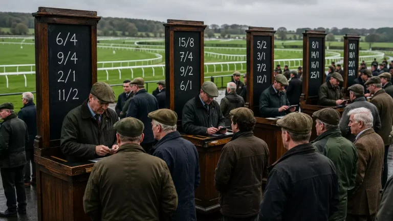 Row of on-course bookmakers chalking prices on boards in the betting ring at a UK racecourse