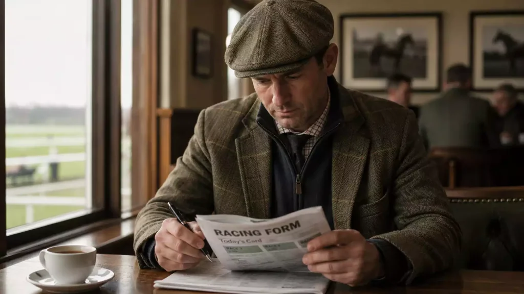 A British punter studying a printed racecard and form paper before placing a horse racing bet