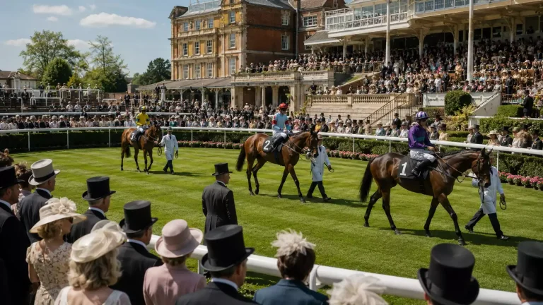 Royal Ascot parade ring with top hats and Group One runners before a feature race