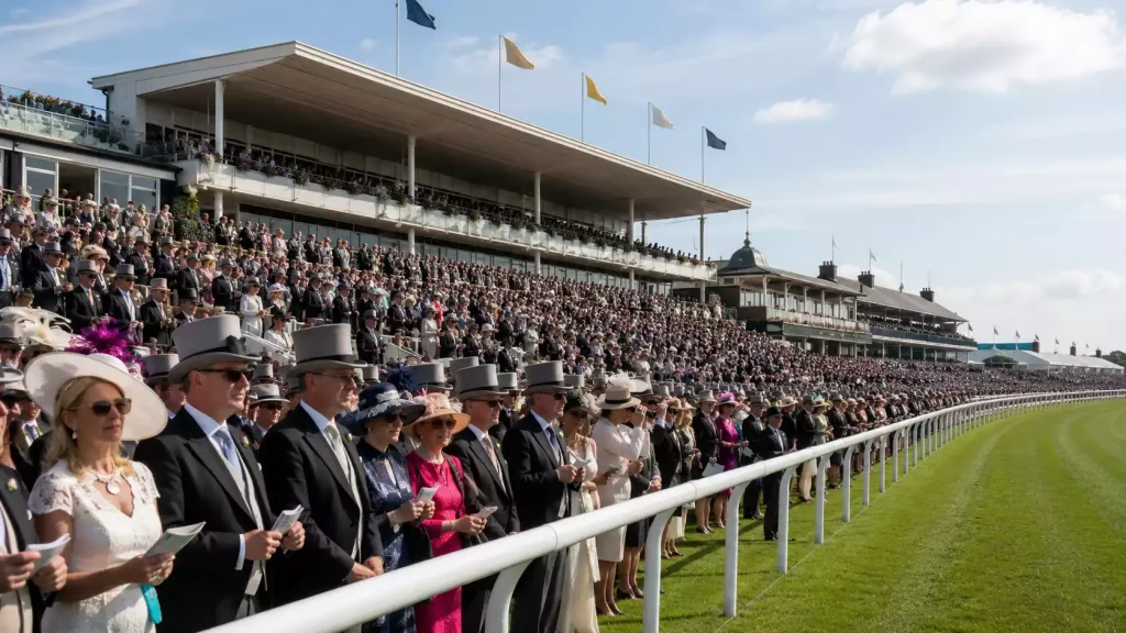 Crowds in formal dress at the Royal Ascot grandstand during a festival meeting