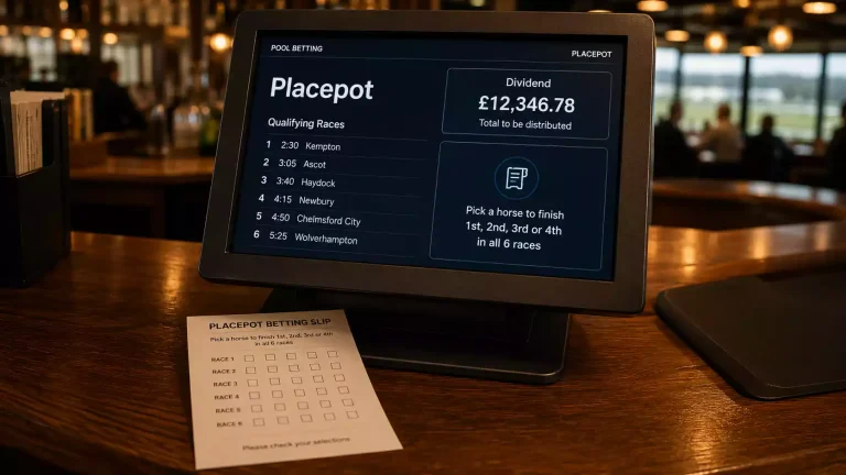 Tote pool betting terminal at a UK racecourse displaying Placepot dividend