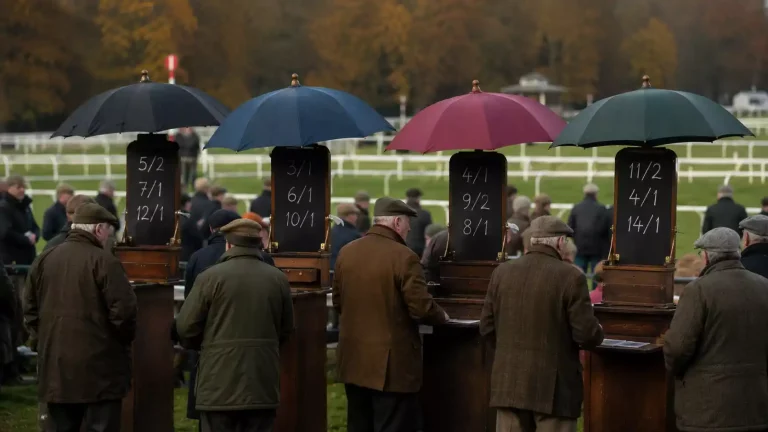 A British on-course betting ring with bookmakers at their pitches before a race