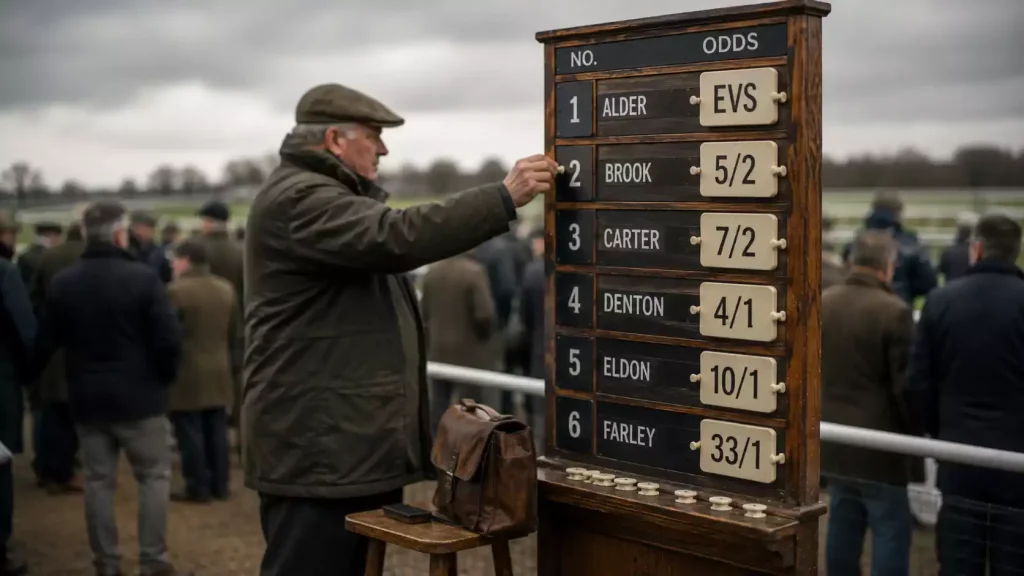 A trackside UK bookmaker odds board displaying fractional prices for an upcoming horse race