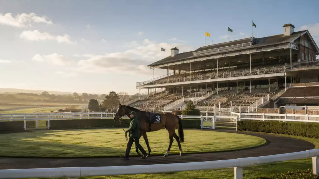 A British racecourse grandstand and parade ring on a quiet morning before racing