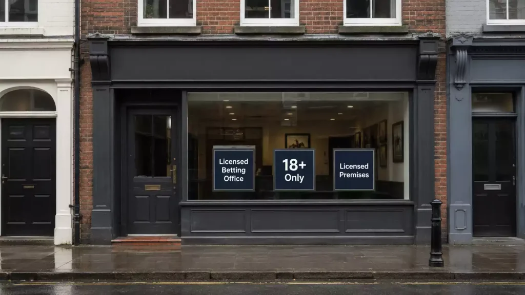 A licensed betting shop on a British high street with regulated signage in daylight