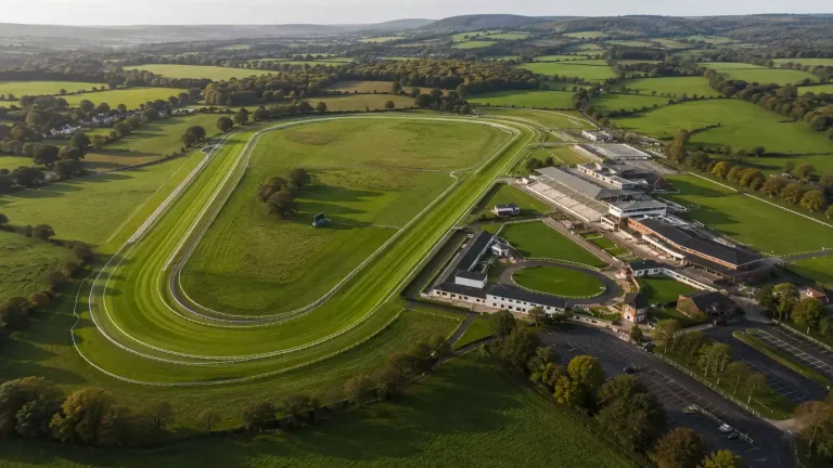 Aerial view of a British racecourse with grandstands, parade ring and the racing circuit in full view