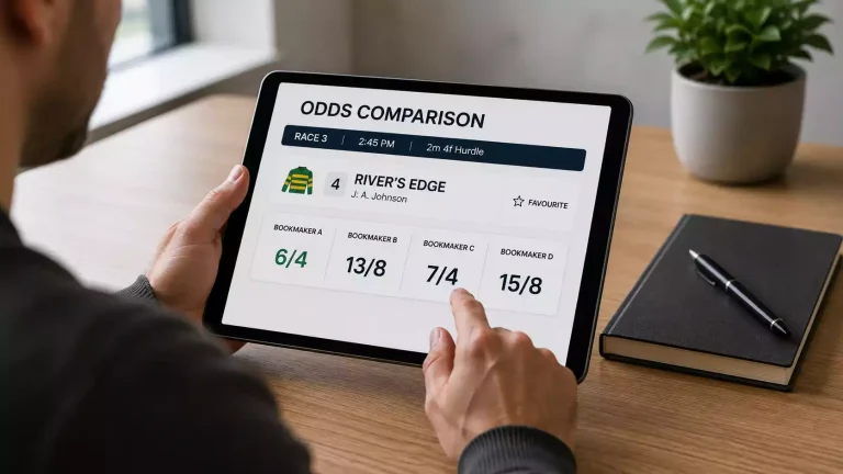 Punter comparing horse racing odds across multiple bookmakers on a tablet with price comparison tool open