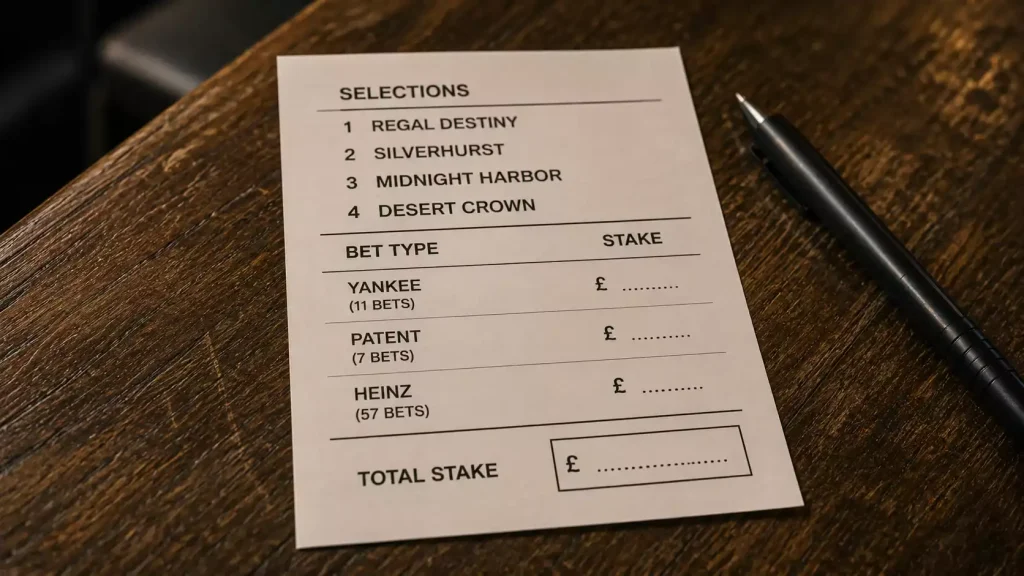 Detailed UK bookmaker bet slip listing Yankee Patent Heinz multiple structures